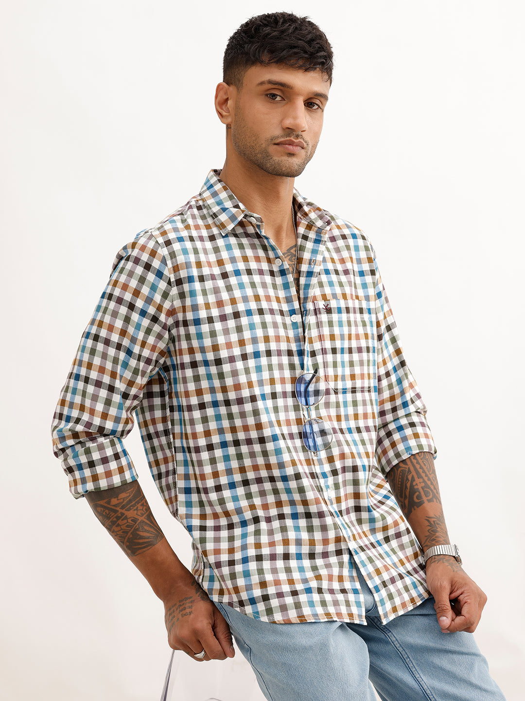 Regular Fit Full Sleeve Checkered Shirt | White
