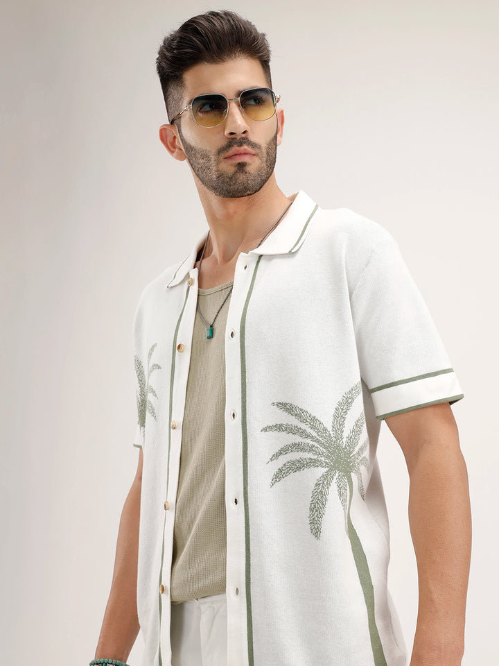 Slim Fit Jacquard Resort Collar Shirt | Off White