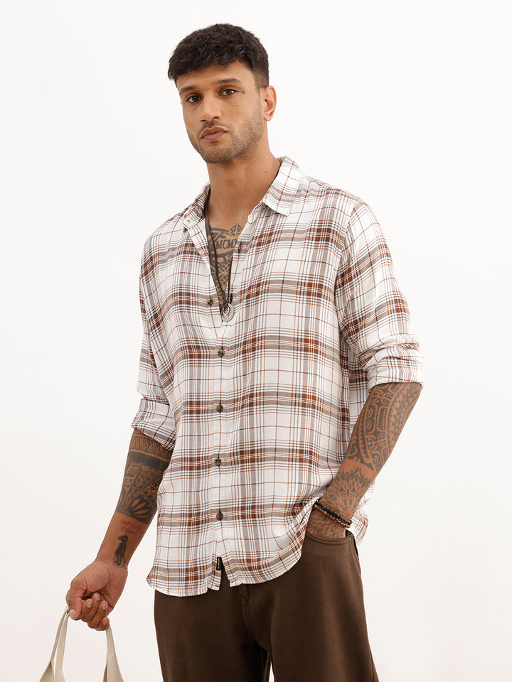 Slim Fit Checkered Full Sleeve Shirt | White