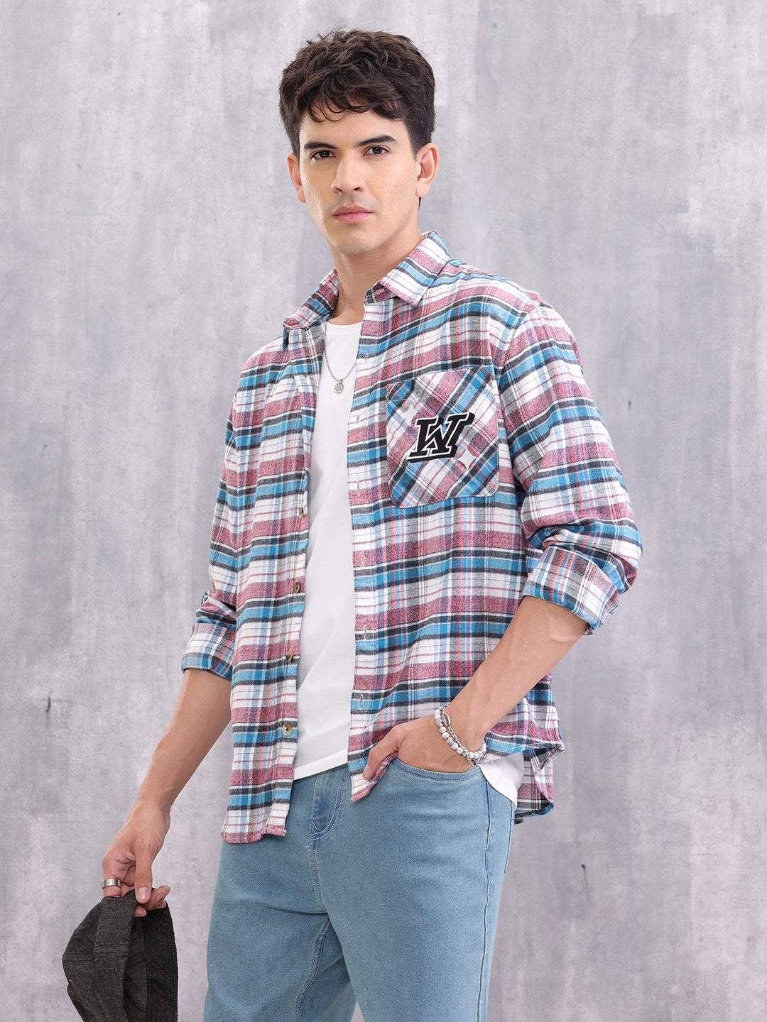 Textured Checkered Patchwork Shirt | Blue