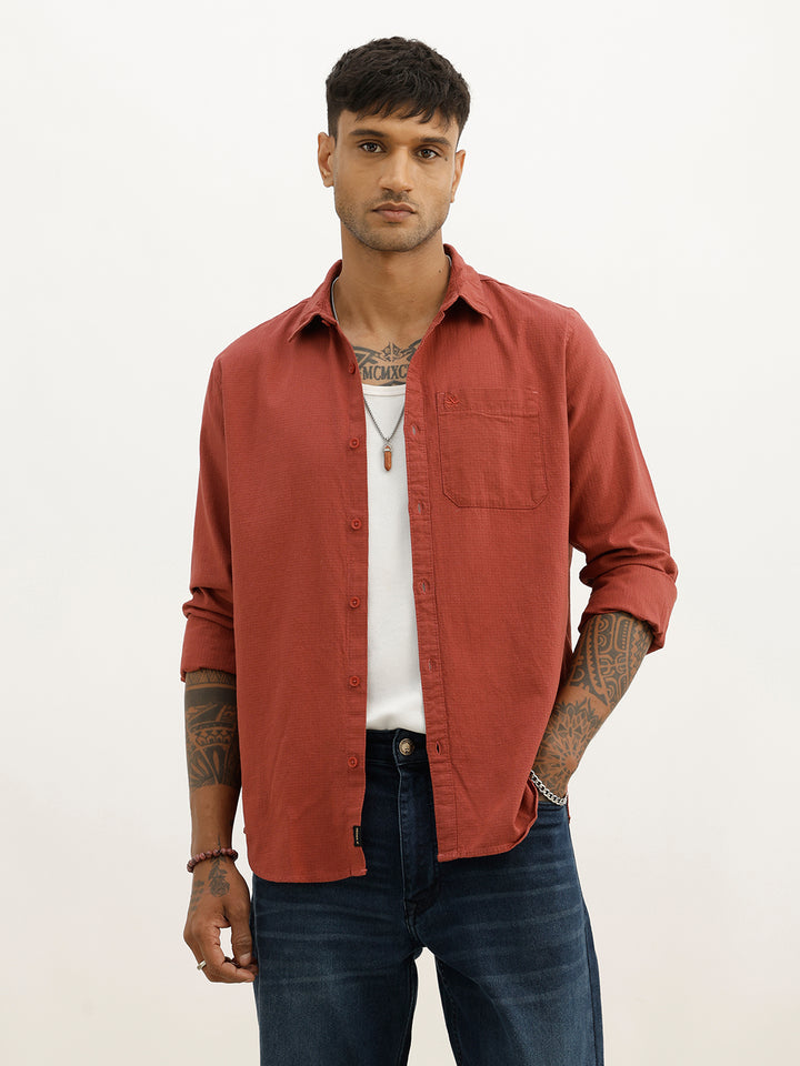 Textured Slim Fit Full Sleeve Shirt | Brown