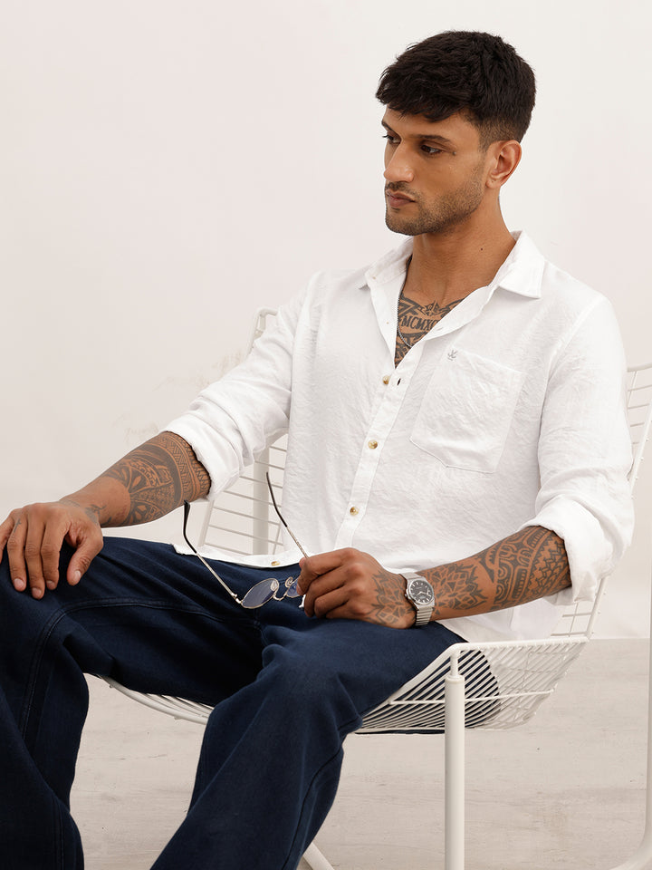 Solid Textured Regular Fit Full Sleeve Shirt | White