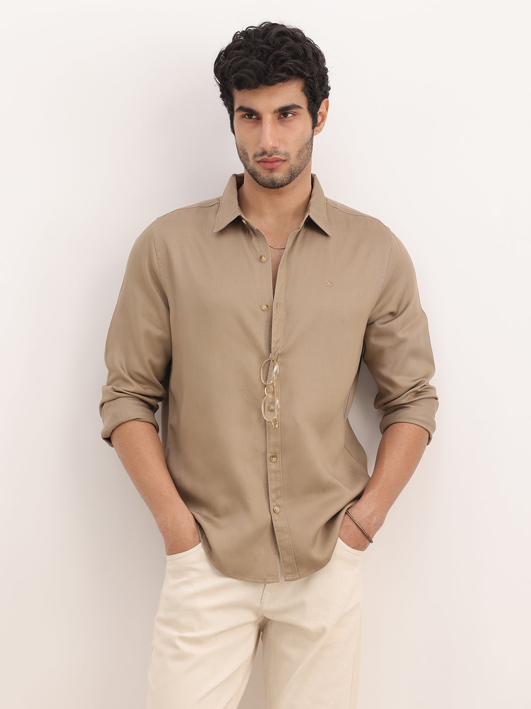 Slim Fit Solid Full Sleeve Shirt | Beige