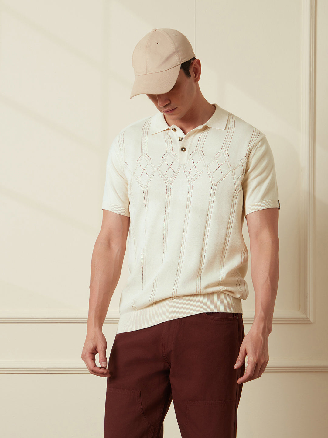 Premium Beige Flat Knit Polo T-Shirt