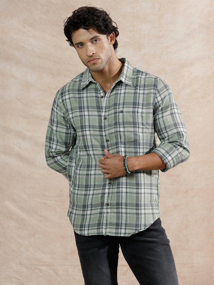 Dobby Textured Checks Regular Fit Shirt | Green