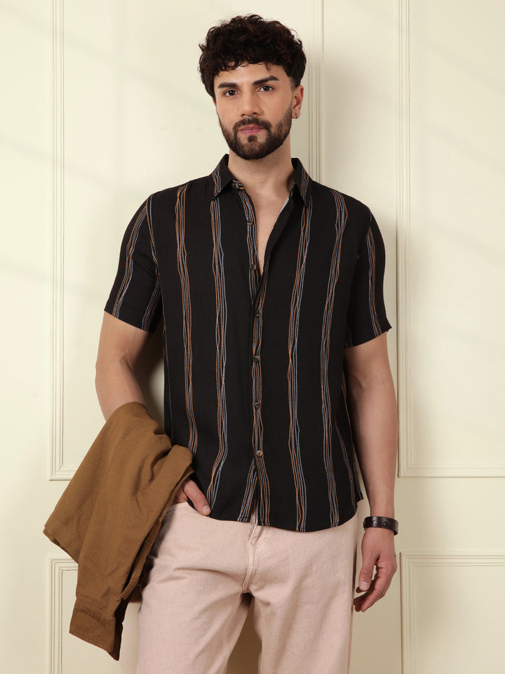Striped Viscose Shirt | Black