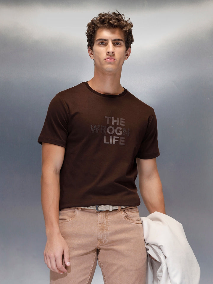 Men's Casual Slim Fit Tshirt with tonal 3D graphic print  | Brown