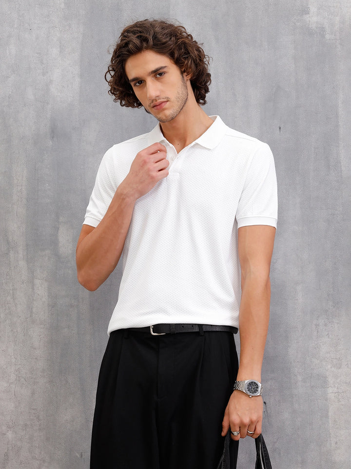 Solid Textured Slim Fit Polo T-Shirt | White