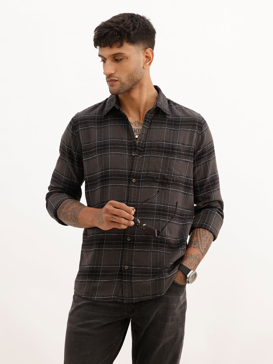 Slim Fit Full Sleeve Checkered Shirt | Dark Grey
