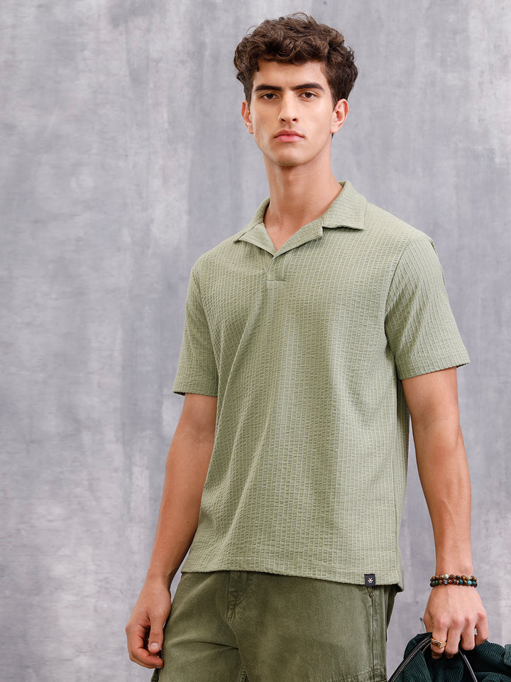 Resort Collar Textured Seersucker Fabric Polo T-Shirt | Green