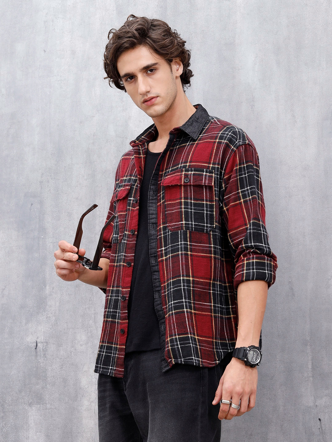 Casual Oversized Fit Checkered Pattern Shirt | Red – Wrogn