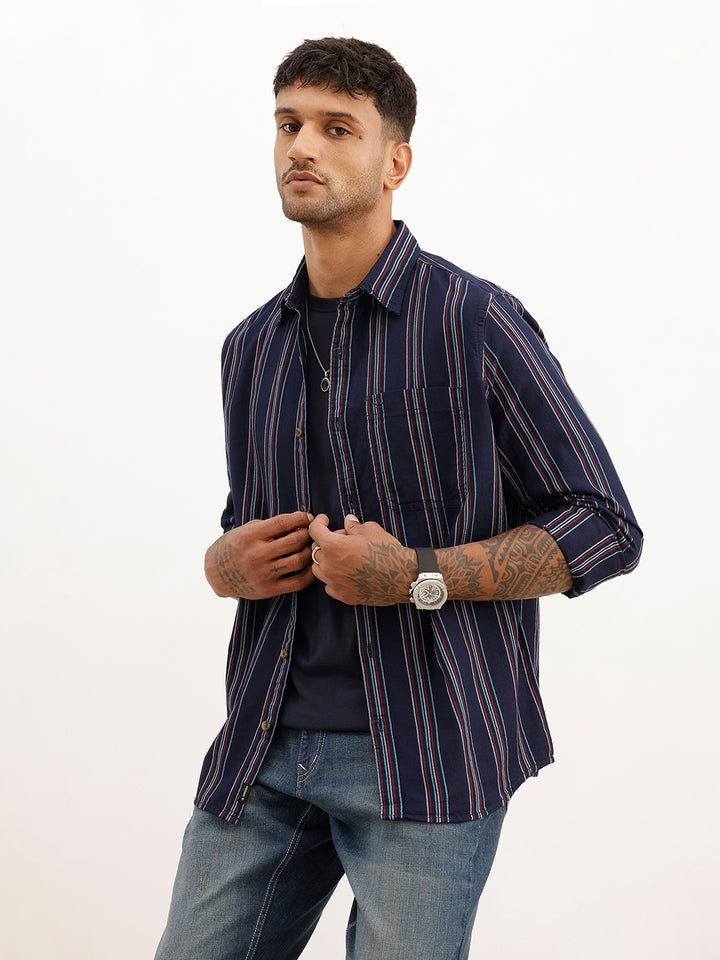 Classic Slim Fit Striped Shirt | Navy Blue
