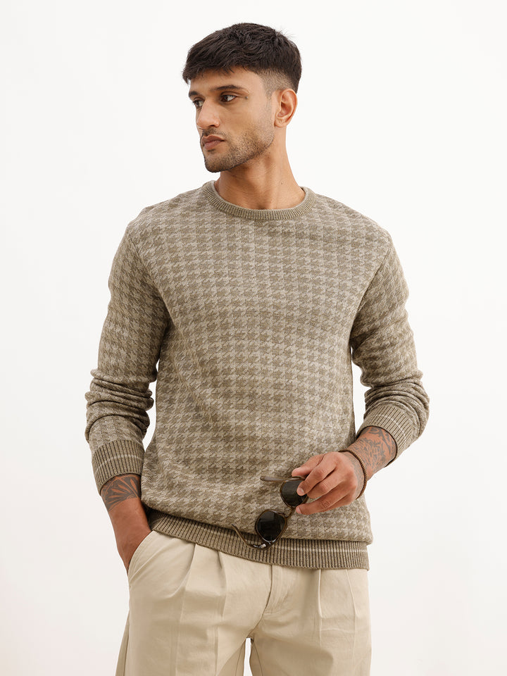 Regular Fit Knitted Full Sleeve Sweater | Green