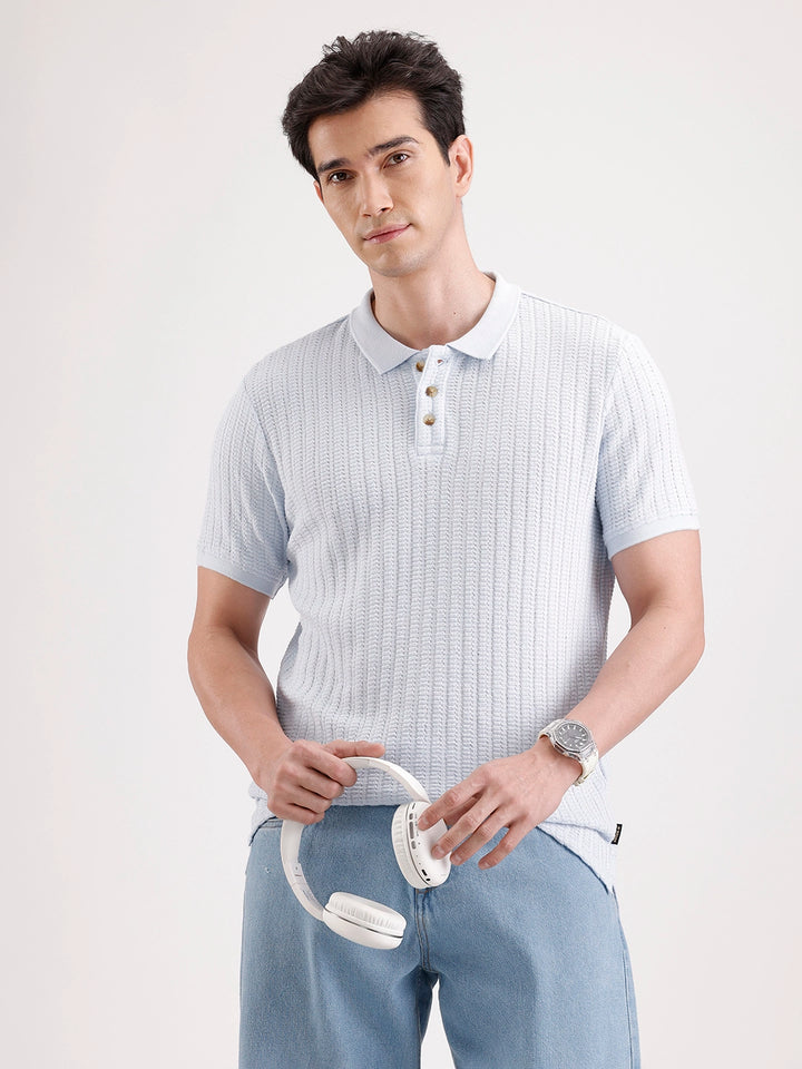 Textured Slim Fit Polo T-Shirt  | Light Blue