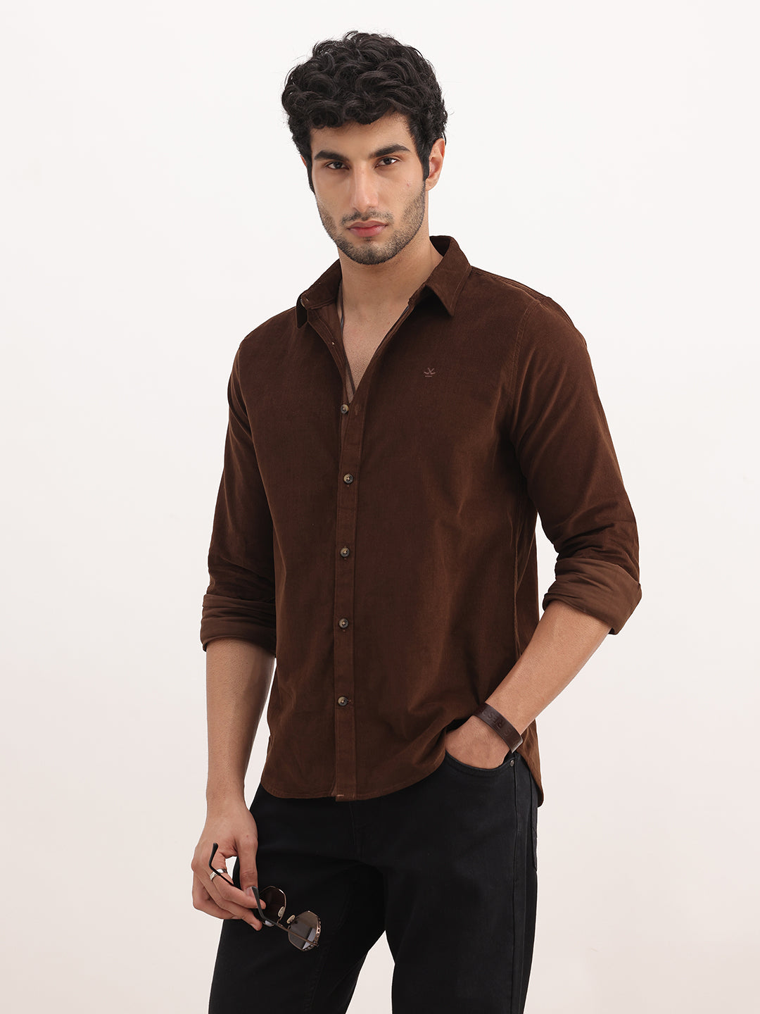 Slim Fit Solid Corduroy Shirt | Brown