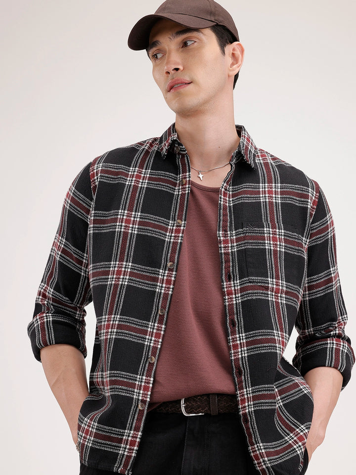 Regular Fit Textured Checkered Shirt | Black