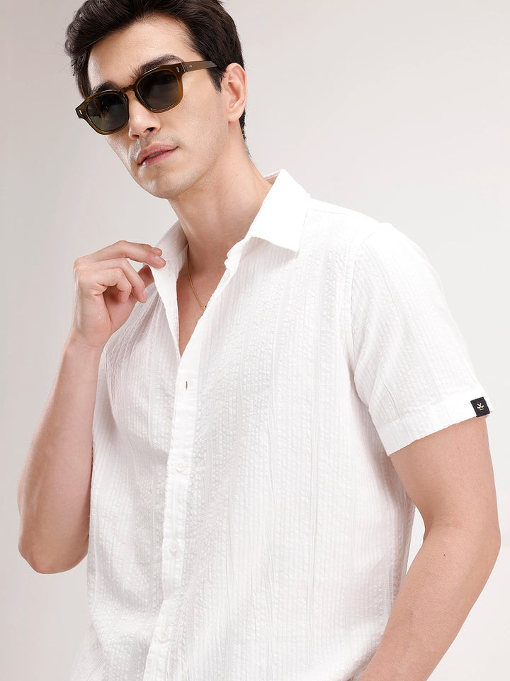 Slim Fit Textured Half Sleeve Shirt | White