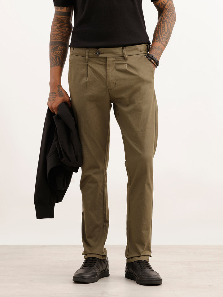 Solid Slim Fit Pleated Trouser | Olive