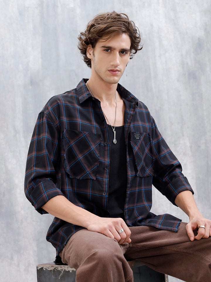 Wrogn Oversized Checkered Shirt With Raw Edged Double Pockets | Black