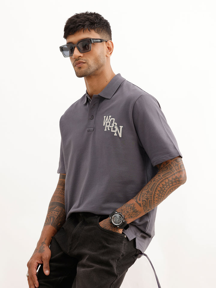 Oversized Embroidery Patch Detail Polo T-Shirt | Grey