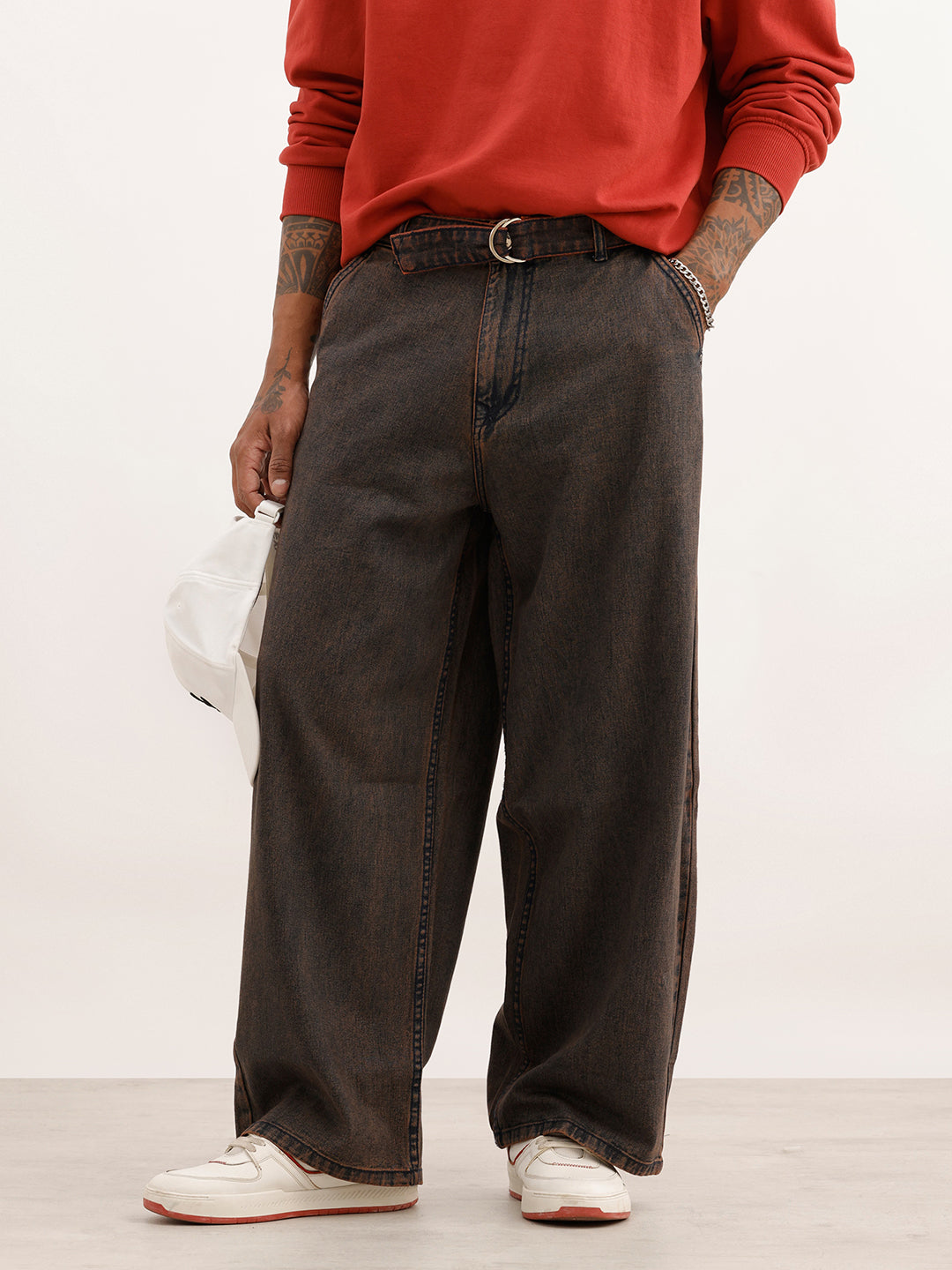 Washed Baggy Fit Denim Jeans | Brown