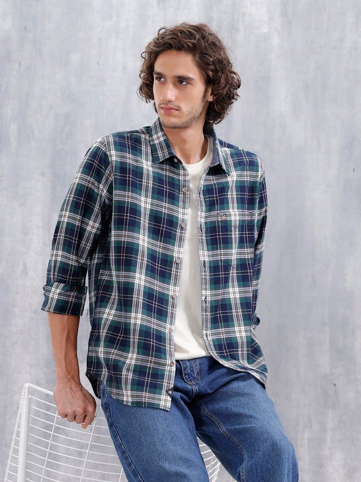 Slim Fit Cotton Indigo Twill Check Shirt | Green