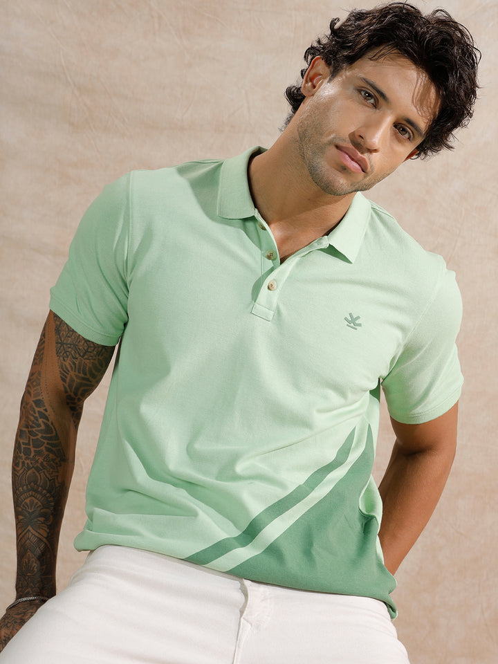 Diagonal Colour Blocked Polo T-Shirt | Light Green