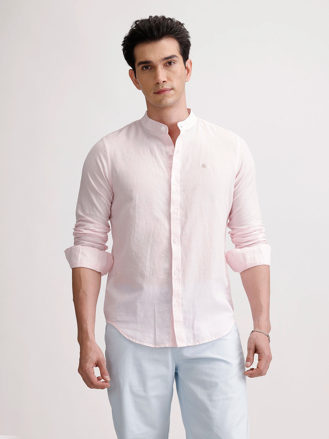 Slim Fit Mandrin Collar Linen Blend Shirt | Pink