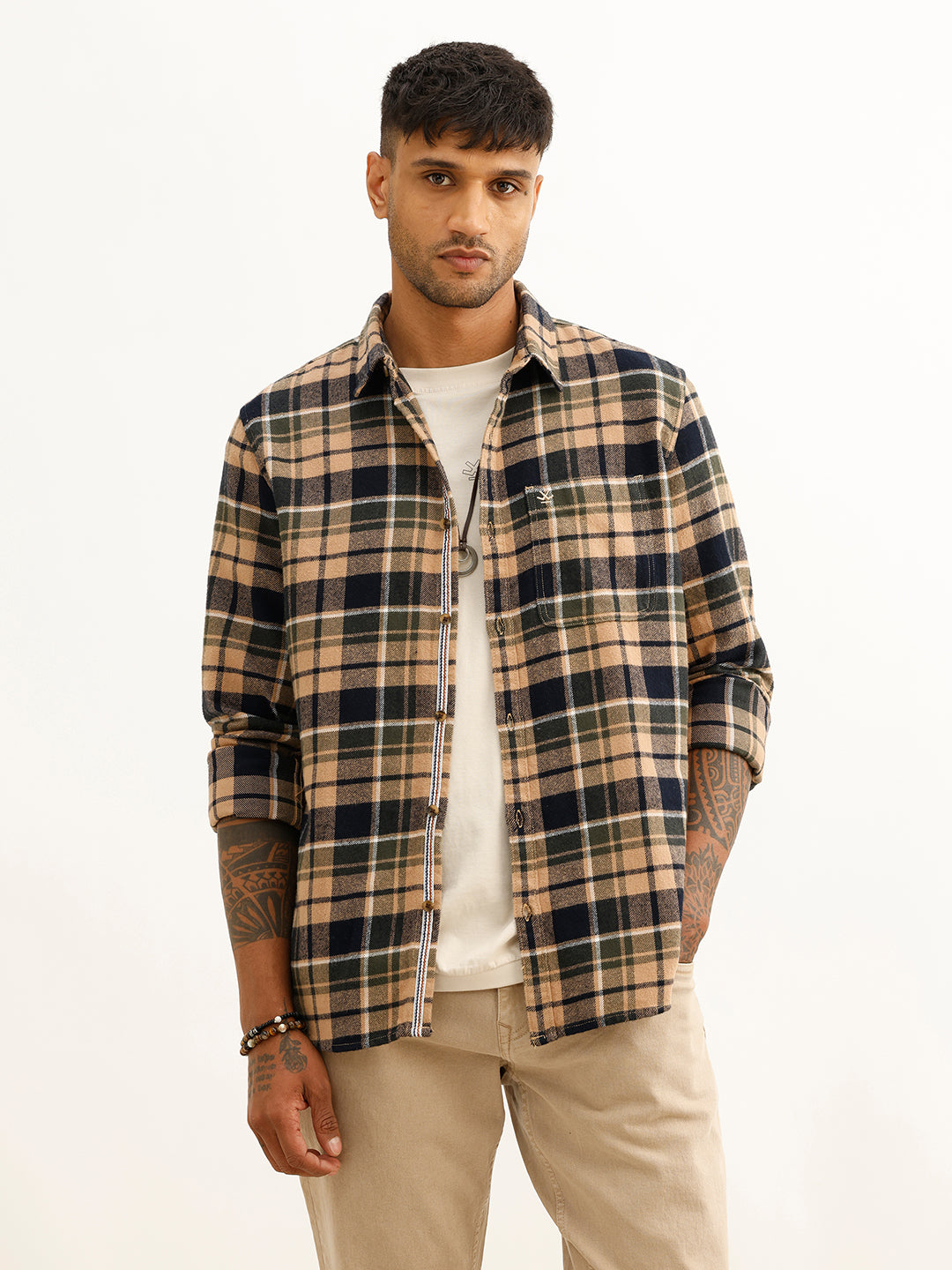 Classic Slim Fit Checkered Shirt | Khaki