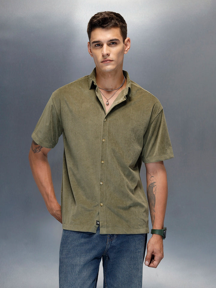 Textured Classic Men’s Oversized Fit Shirt | Olive