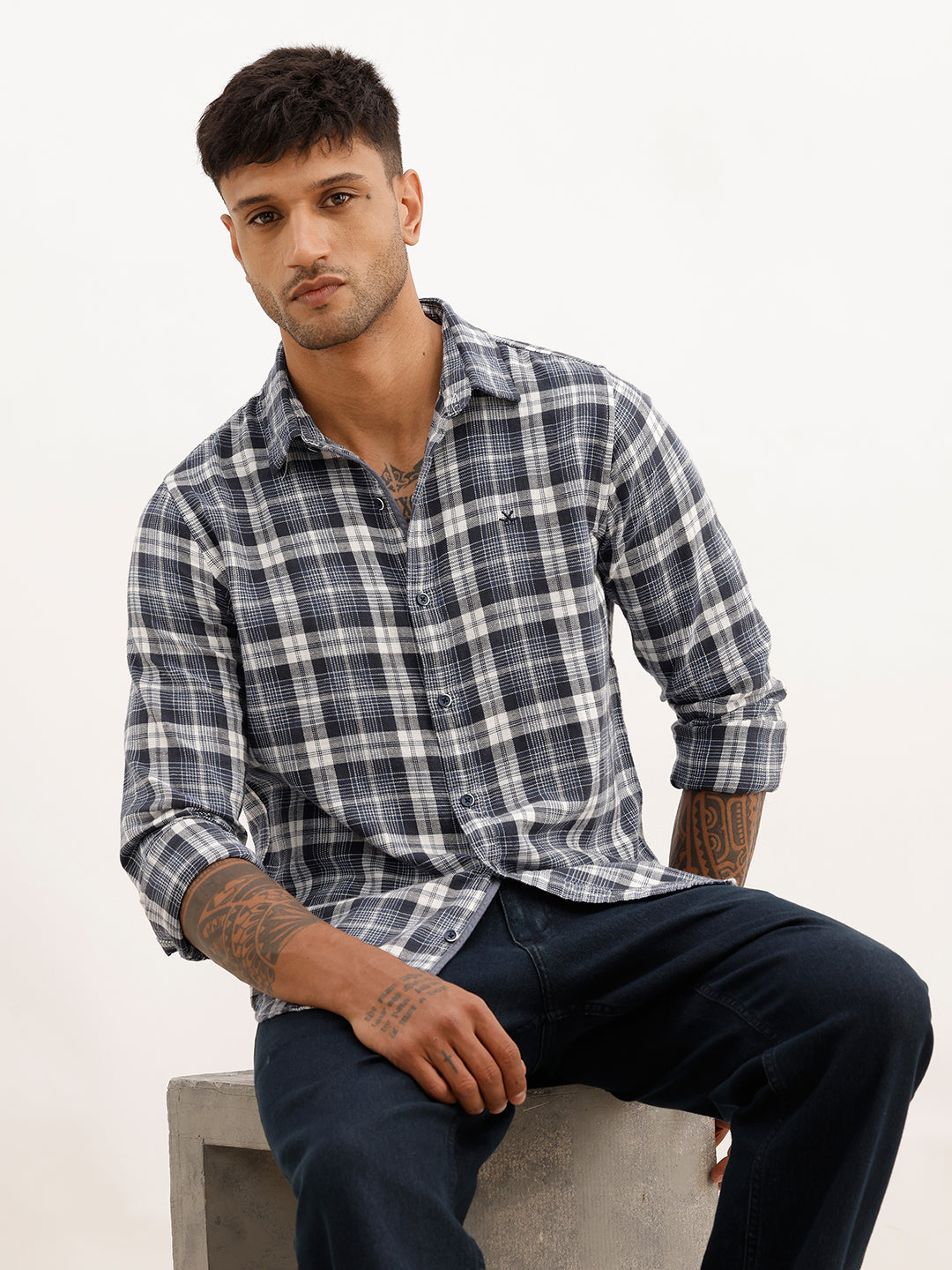 Slim Fit Checkered Full Sleeve Shirt | Blue