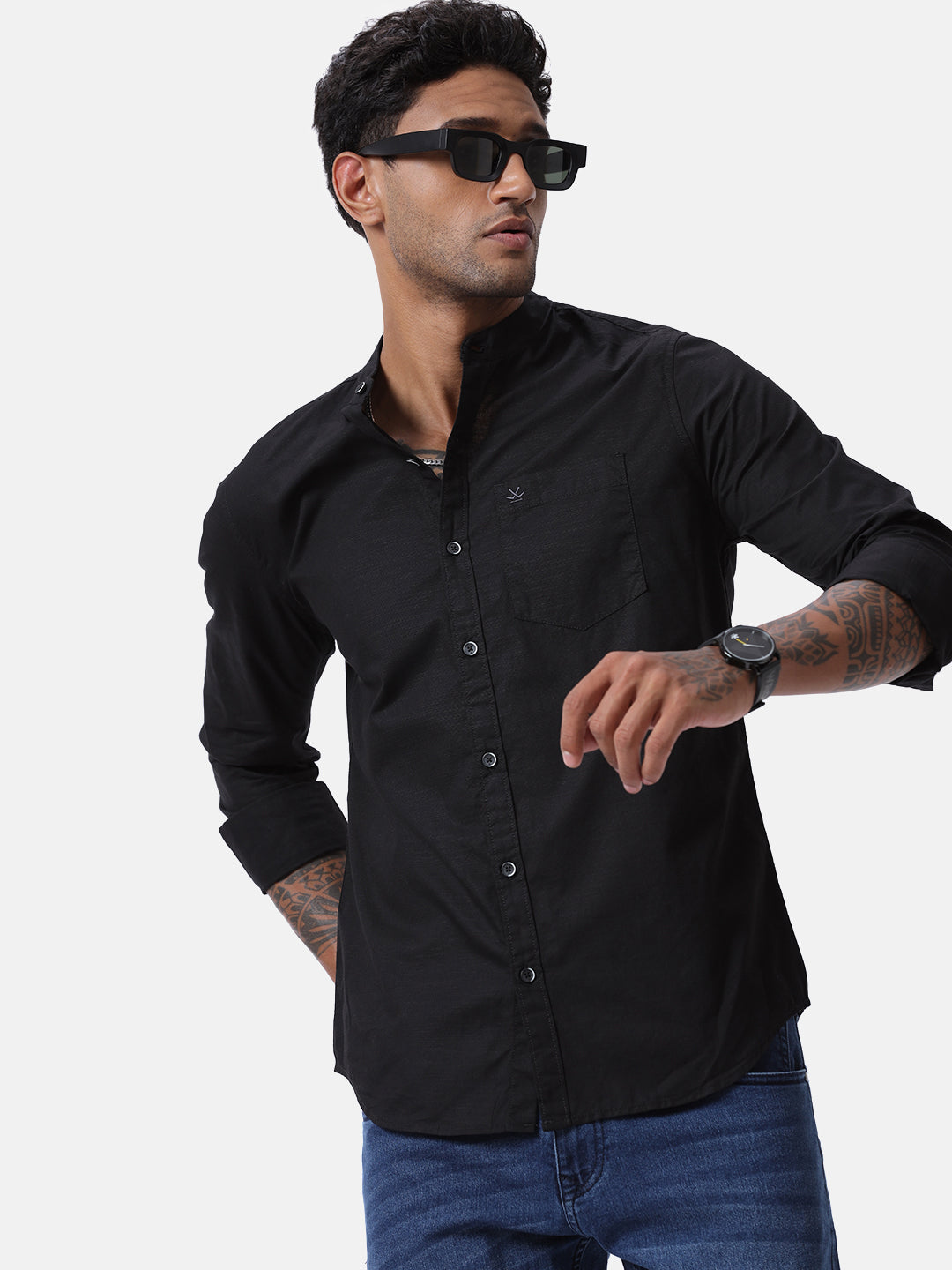 Classic Black Mandarin Collar Shirt – Wrogn