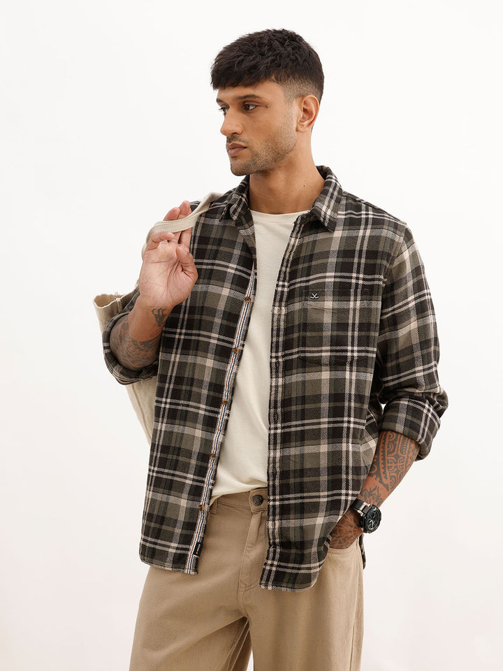 Slim Fit Checkered Full Sleeve Shirt | Olive