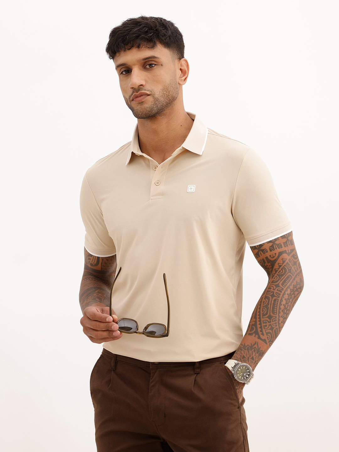 Slim Fit Solid Tipping Collar Polo T-Shirt | Beige