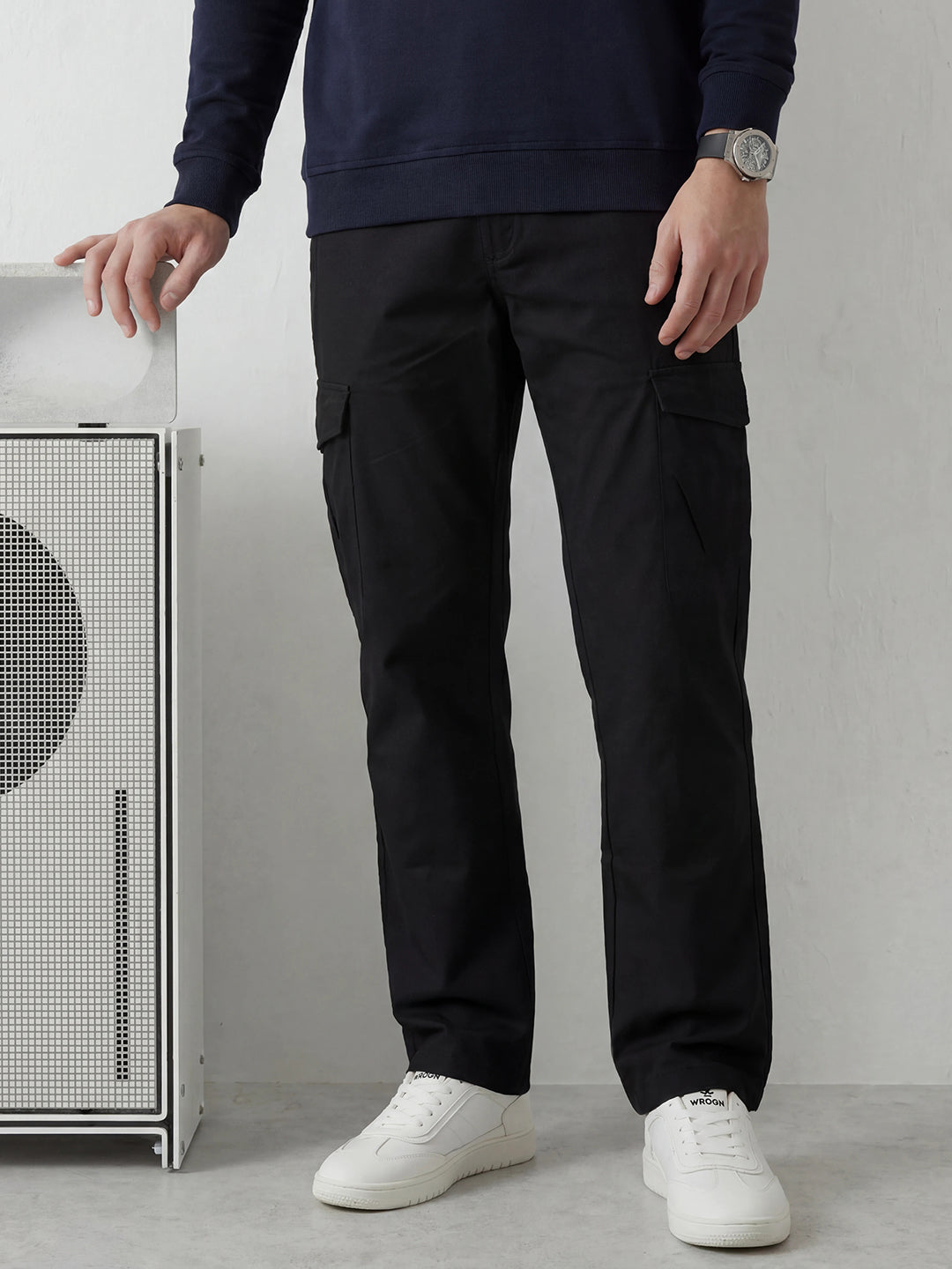 Straight Fit Solid Cargo Trouser | Black