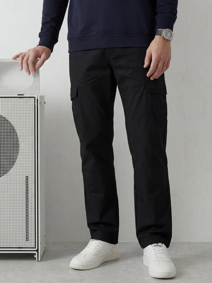 Straight Fit Solid Cargo Trouser | Black