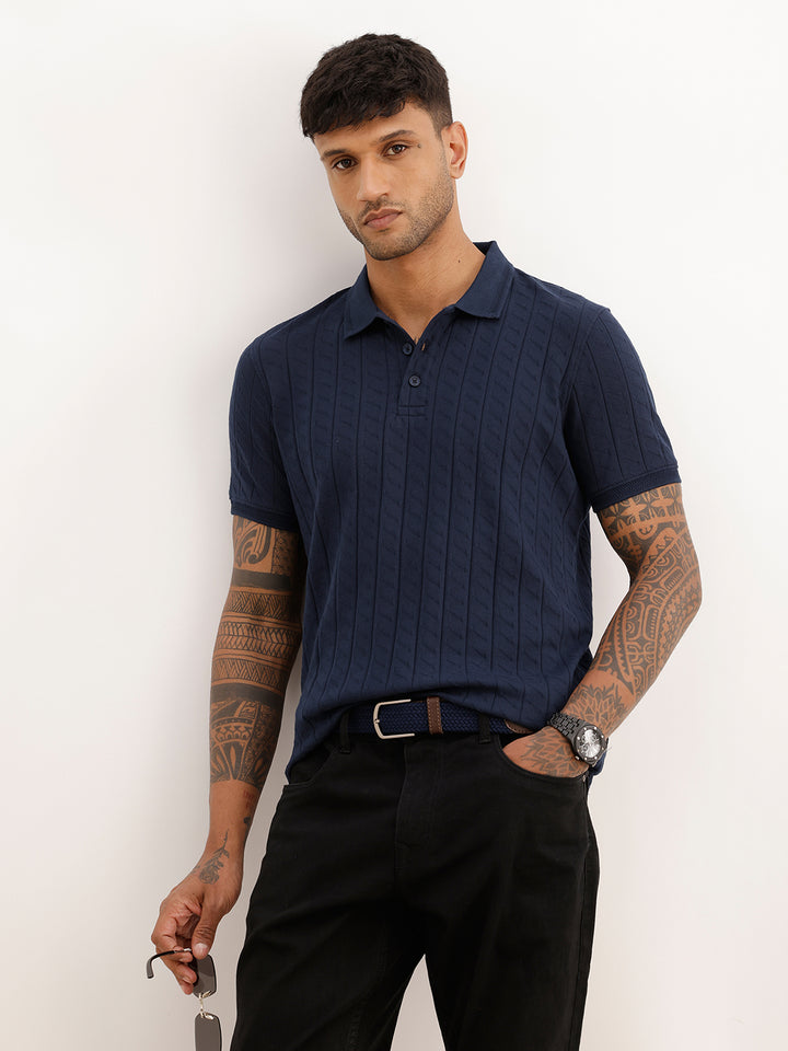 Solid Slim Fit Textured Polo T-Shirt | Navy Blue
