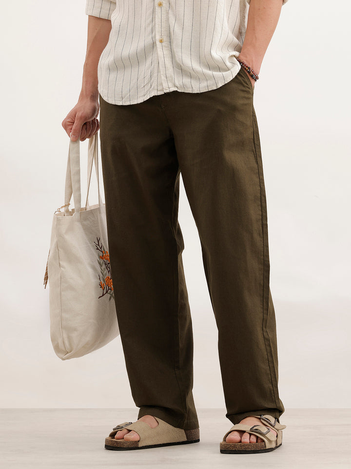Loose Fit Linen Blend Mens Casual Wear Trouser  | Olive