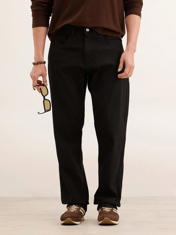 Relaxed Fit Solid Denim Jeans | Black