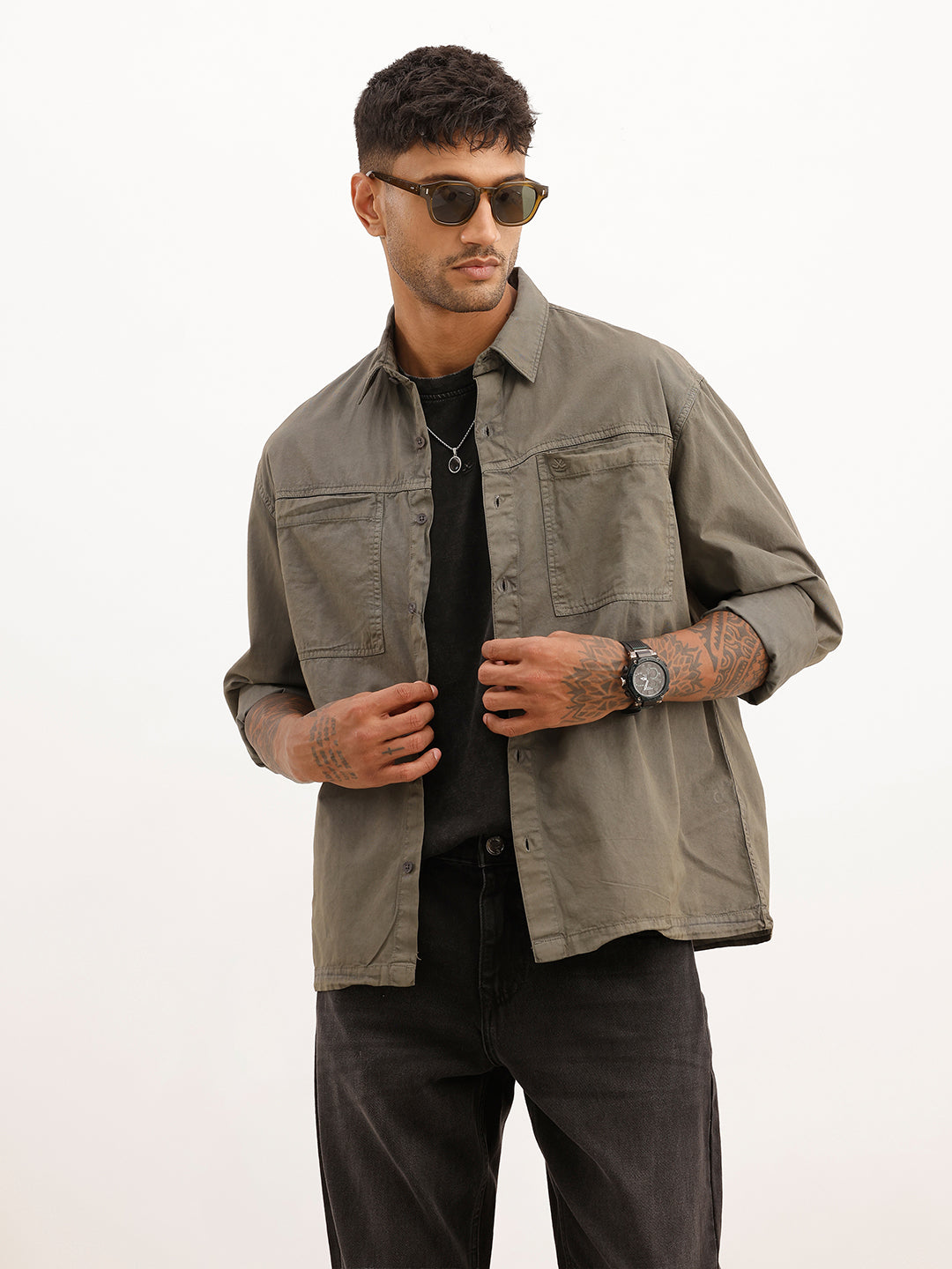 Solid Double Pocket Full Sleeve Shirt | Dark Grey | WSH01FSCM7036W