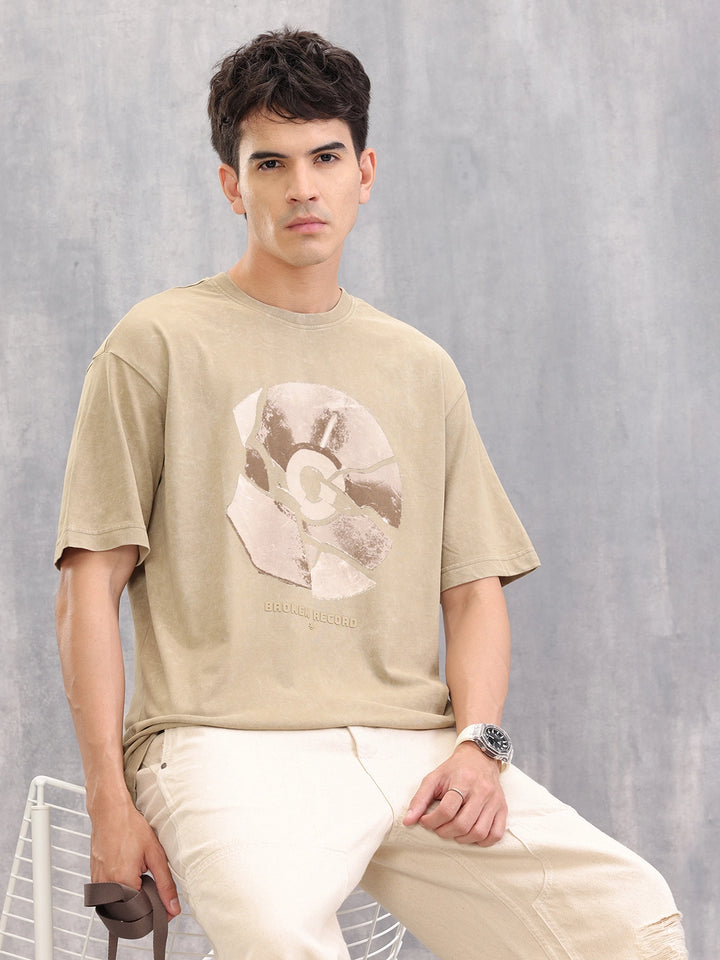 Retro Graphic Printed Oversized Fit Washed T-shirt | Khaki