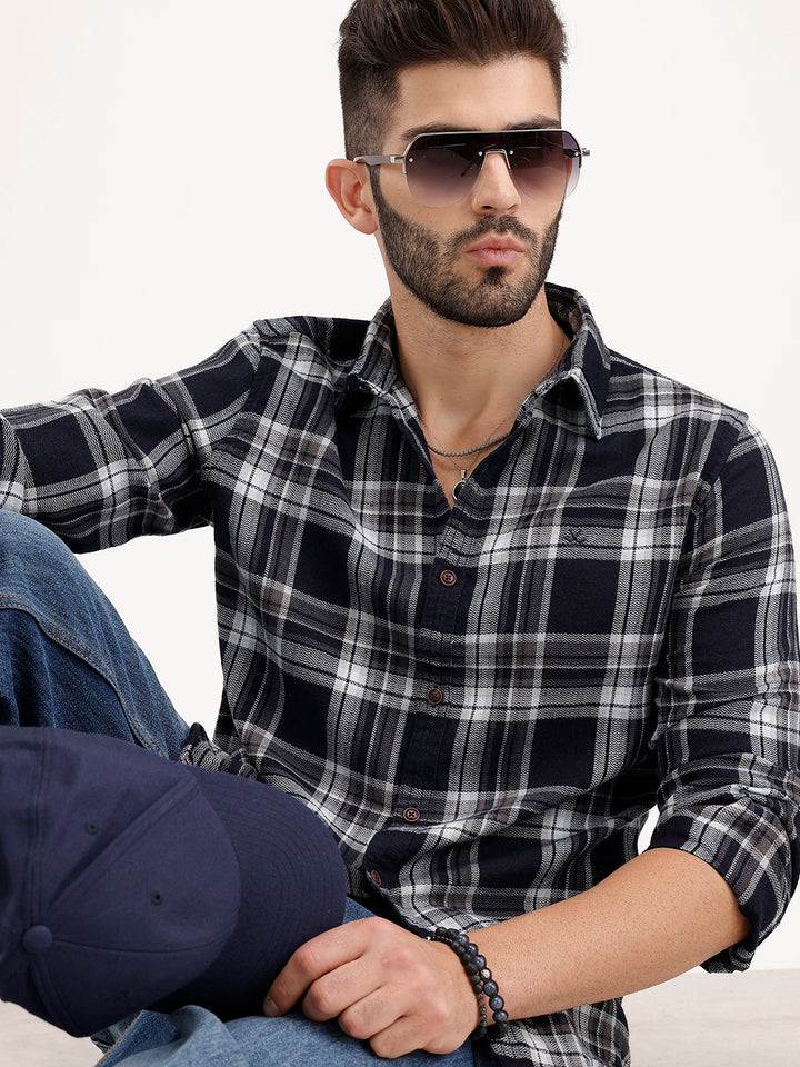 Regular Fit Textured Checkered Shirt | Navy Blue
