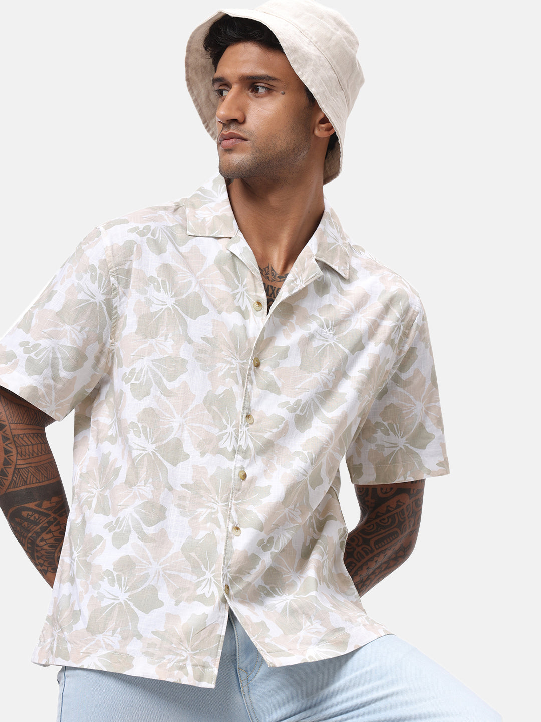 Beige Floral AOP Spoyl Shirt