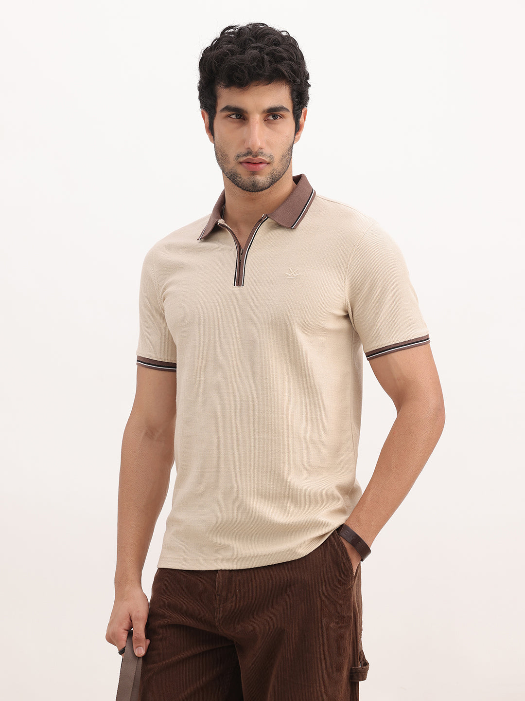 Classic Slim Fit Tipping Collar Polo T-Shirt | Beige