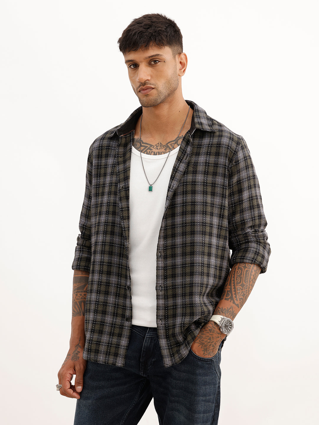 Slim Fit Textured Full Sleeve Shirt | Olive