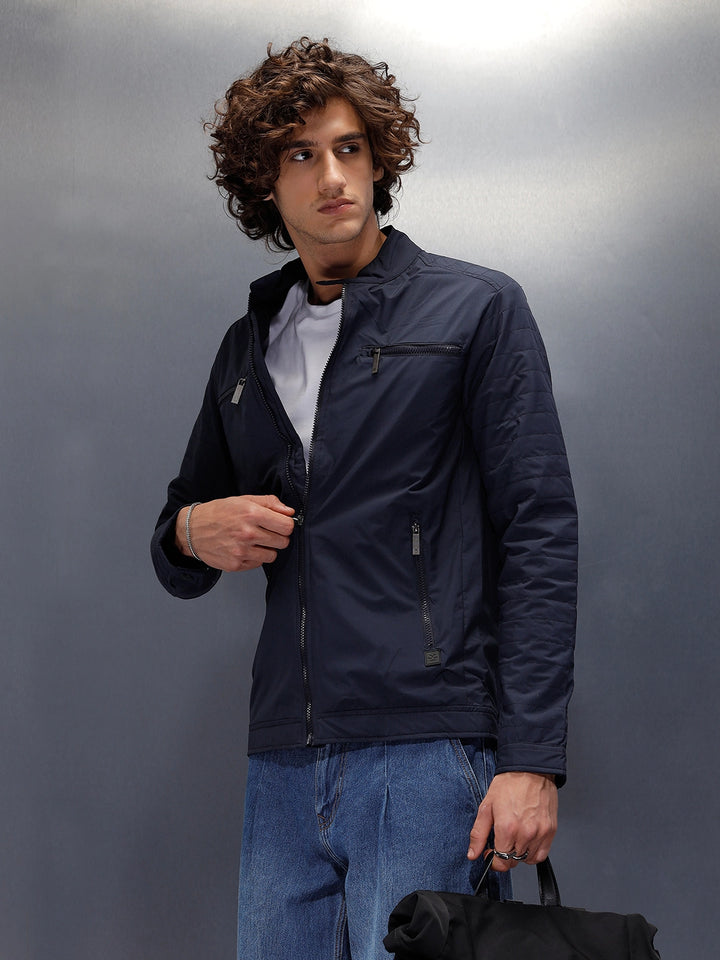 Nylon Regular Fit Classic Biker Jacket | Navy Blue