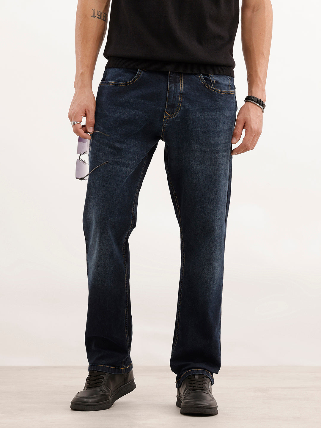 Relaxed Fit Faded Denim Jeans  | Dark Blue