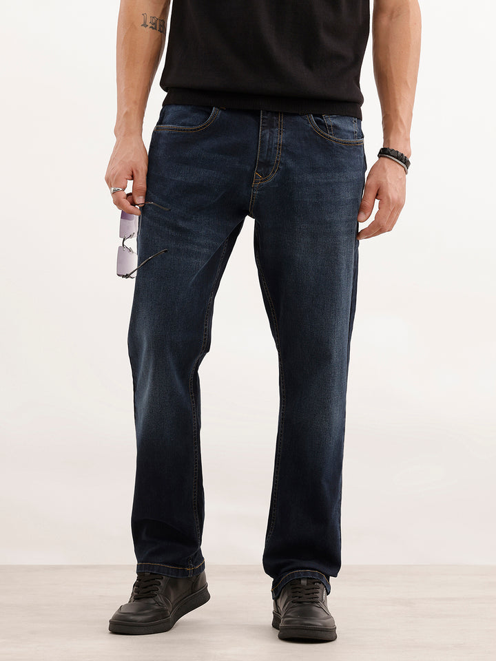 Relaxed Fit Faded Denim Jeans  | Dark Blue