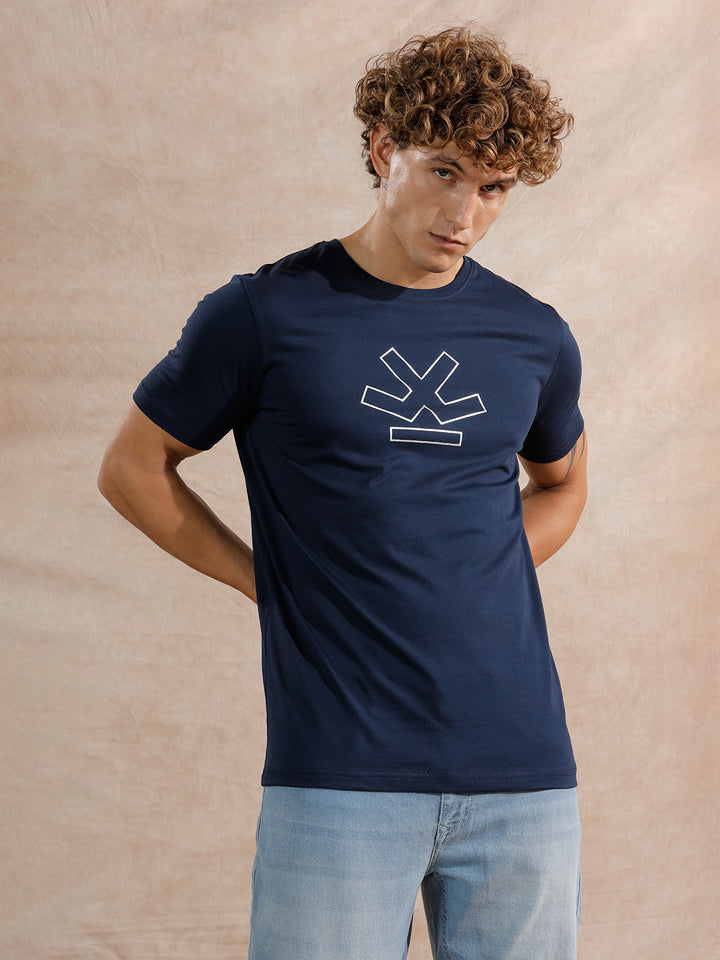 Silver Foil Print Slim Fit T-Shirt | Navy Blue