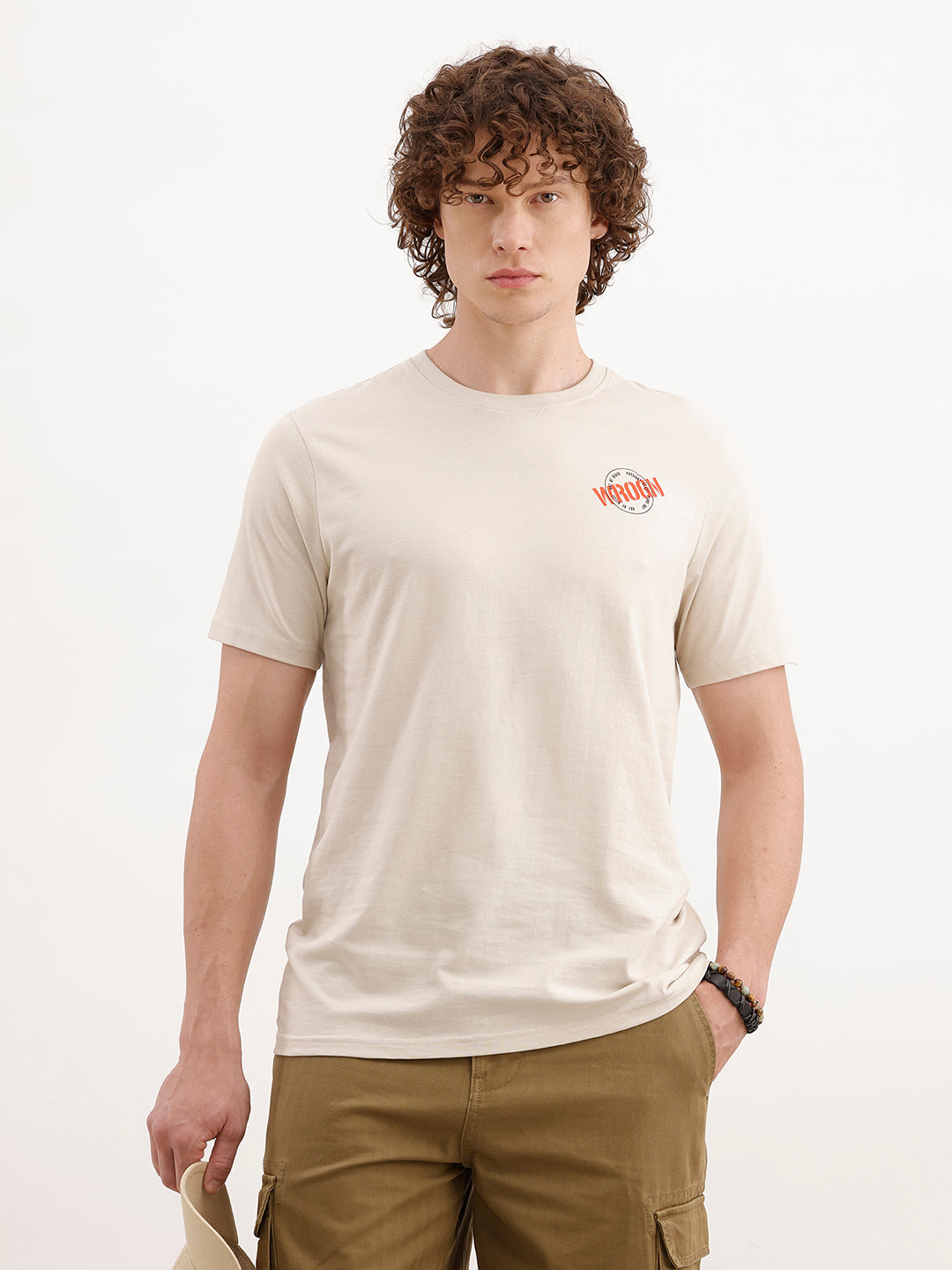 Slim Fit Placement Printed T-Shirt  | Beige